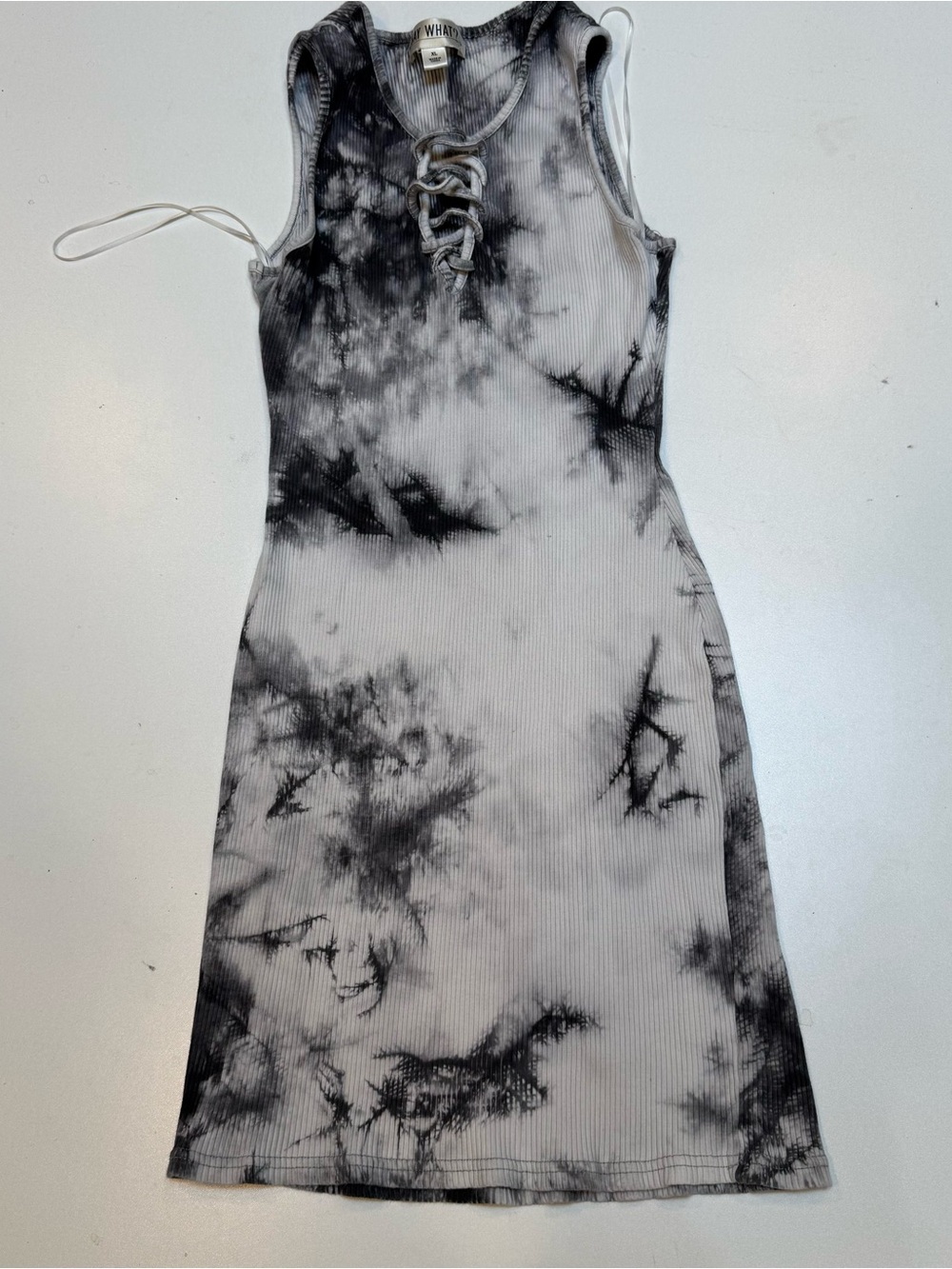 Say What? Black and White Tie-Dye Lace-Up Ribbed Tank Dress
